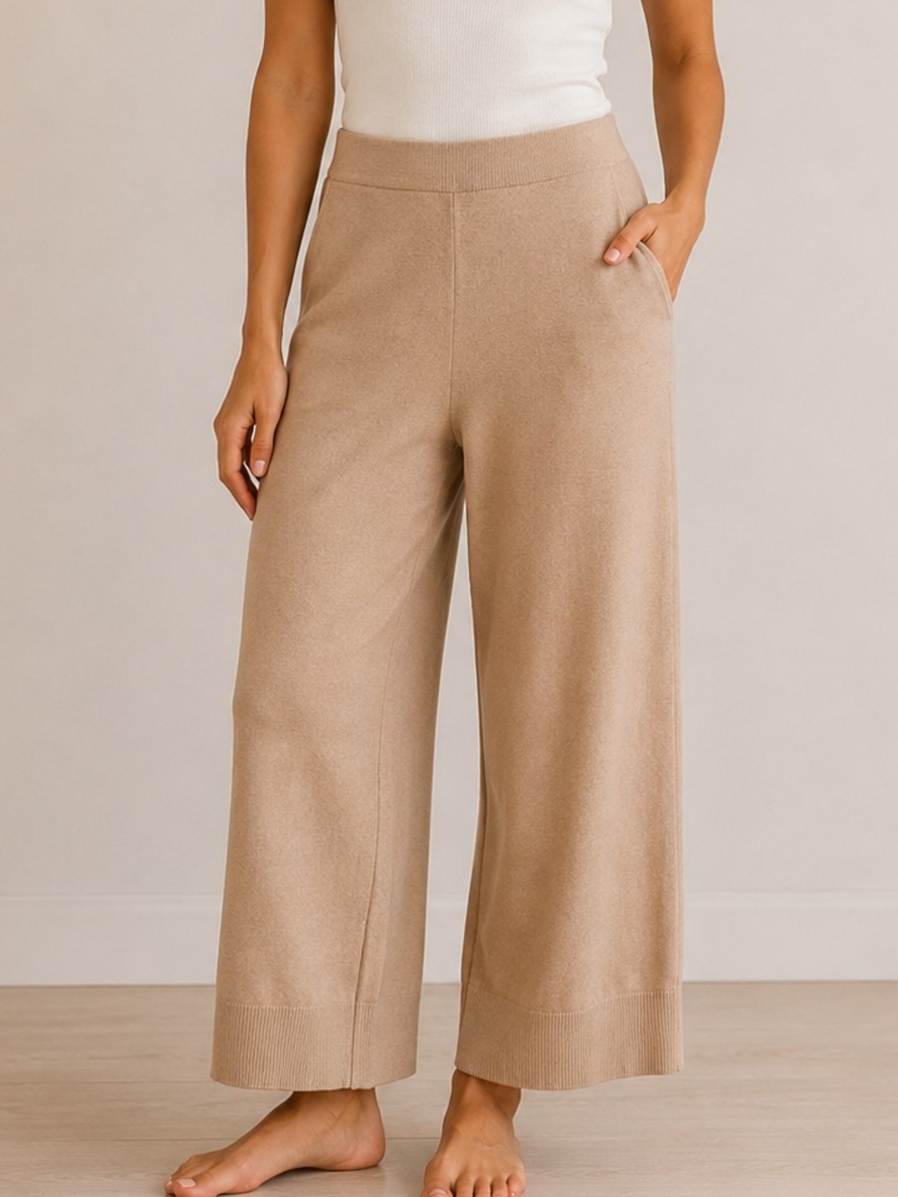 Bailey 44 Wide Leg Crop Pants Pull On Relaxed Fit Tan Lounge Trousers Medium